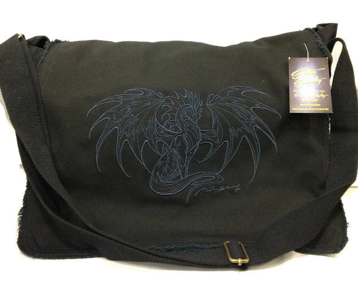 Dragon embroidered canvas messenger bag with art Ruth Thompson Etsy