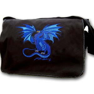 Dragon embroidery Inferno canvas messenger bag with artwork by Ruth Thompson