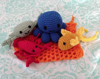 Crochet sea creatures set lobster crab octopus fish with net bag