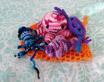 Crochet sea creatures set lobster crab octopus fish with net bag