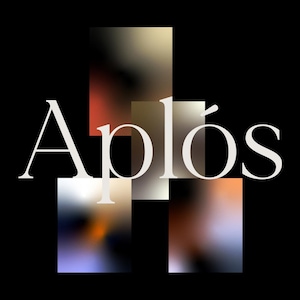 May include: A white graphic design with the word "Aplos" in a bold, sans-serif font. The word is layered over a series of blurred, rectangular shapes in shades of orange, brown, and white.