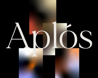 May include: A white graphic design with the word "Aplos" in a bold, sans-serif font. The word is layered over a series of blurred, rectangular shapes in shades of orange, brown, and white.