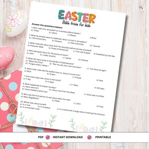 May include: A printable Easter Bible trivia game for kids with questions about the events leading up to Easter Sunday. The questions are multiple choice and cover topics like who rode into Jerusalem on a donkey, what meal Jesus had with his disciples before he was arrested, and where Jesus was buried.