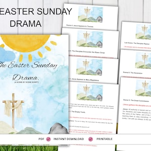 May include: A printable Easter Sunday drama script with a watercolor background featuring a sun, clouds, and a cross. The script is divided into scenes, including "The Empty Tomb", "Jesus Appears to Mary Magdalene", "The Disciples Encounter the Risen Christ", "Jesus Appears to Thomas", "The Ascension", and "The Great Commission".