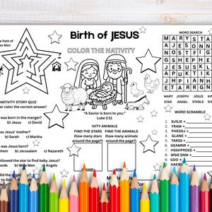 Puede incluir: Hoja de actividades en blanco y negro con el tema del Nacimiento de Jesús, con laberinto, búsqueda de palabras e ilustraciones. Lápices de colores en la parte inferior.