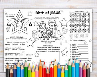 Tischset Krippenspiel: Weihnachtliche Ausmalbilder für Kinder (PDF)