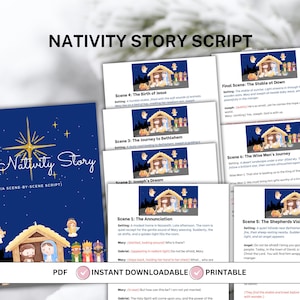Pode incluir: Um roteiro imprimível da história da Natividade com uma capa azul escura com uma estrela dourada e ilustrações da cena da Natividade. O roteiro inclui cenas como o Nascimento de Jesus e a Jornada dos Reis Magos.
