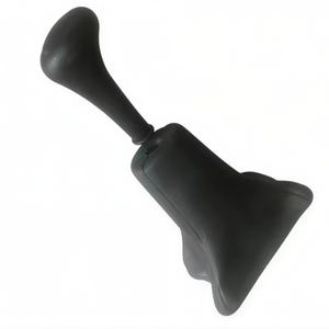 May include: A black gear shift knob with a curved handle and a flared base. The knob is made of a smooth, matte material and is designed for use in a vehicle's manual transmission system. The design is ergonomic and functional.