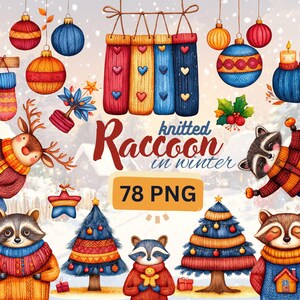 Aquarelle de Noël tricoté PNG clipart, raton laveur à tricoter en hiver