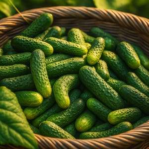 May include: A wicker basket overflowing with fresh, green cucumbers. The cucumbers are various sizes and shapes, with a bumpy texture. The basket is brown and woven, and the background is blurred green foliage.