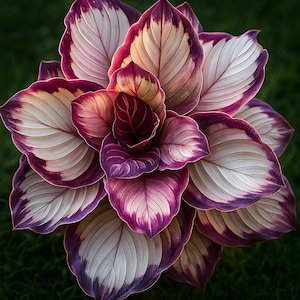 May include: A close-up of a plant with large, layered leaves. The leaves have a white center with purple edges and veins. The plant's inner leaves are a deep burgundy color, and the background is a dark green.