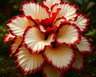 May include: A close-up of a vibrant flower with large, ruffled leaves. The leaves are primarily cream-colored with a striking red border. The flower's center is a deep red, creating a bold contrast. The overall effect is a lush, eye-catching floral display.