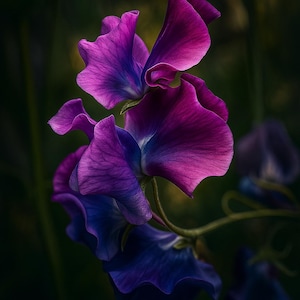 May include: Close-up of vibrant purple and blue sweet pea flowers. The petals display a gradient of colors, transitioning from deep purple to lighter shades of blue. The flowers are in full bloom, with delicate textures and a dark green background.