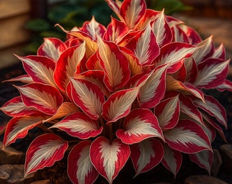 May include: A vibrant plant with large, heart-shaped leaves. The leaves are a striking combination of red, white, and yellow, creating a bold visual contrast. The plant is surrounded by brown rocks, enhancing the natural aesthetic.