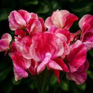 May include: A close-up of a bouquet of sweet pea flowers. The flowers are a vibrant mix of pink and white, with a delicate, striped pattern on the petals. The stems are green, and the background is a dark green.