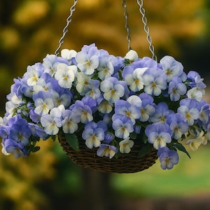 May include: A hanging basket overflowing with blue and white pansies. The flowers have a delicate appearance, with a mix of light blue and white petals and yellow centers. The basket is made of woven brown material and is suspended by metal chains.