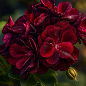 May include: Close-up of a cluster of deep burgundy geranium flowers in full bloom. The petals are layered and velvety, with a rich, dark red hue. Green leaves and a bud are visible in the background, creating a natural, floral theme.