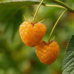 May include: Close-up of two ripe, golden raspberries hanging from a green stem. The berries are a vibrant yellow-orange color, with a textured surface. The background is a soft green, suggesting a natural outdoor setting.