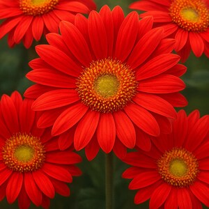 May include: Close-up of vibrant red gerbera daisies with yellow centers. The petals are fully open, showcasing their layered structure. The flowers are set against a dark green background, highlighting their bright color. A beautiful floral arrangement.