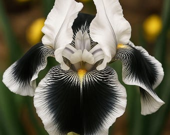May include: Close-up of a striking iris flower with white and black petals. The flower's upper petals are white, while the lower petals are a deep black with white striped patterns. A yellow center adds a pop of color.