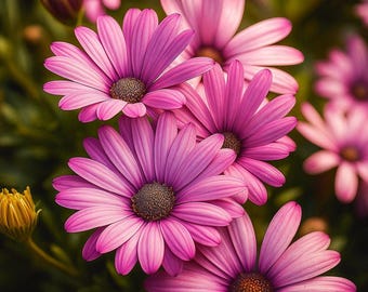 May include: Close-up of vibrant pink and purple African daisy flowers with dark brown centers. The petals have a radial pattern, and the background is a soft green. A yellow bud is also visible.