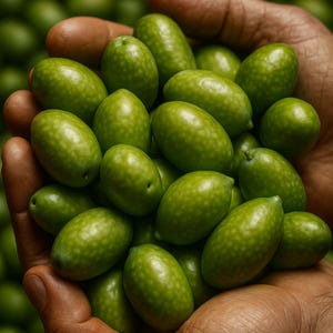 May include: A close-up of a pair of hands holding a pile of green olives. The olives are oval-shaped with a textured surface and a vibrant green color. The background is blurred, suggesting a larger quantity of olives.