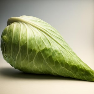 May include: A fresh, light green cabbage head with a pointed shape. The outer leaves have a textured, veined pattern, and the cabbage is set against a neutral background. The vegetable is a vibrant green color.