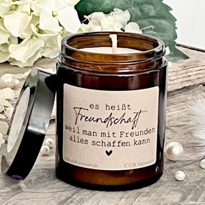 Scented candle with saying, MIDDLE TO GO, &quot;It&#39;s called friendship because...&quot;, 150g, gift, funny and vegan rapeseed wax scented candle with lid