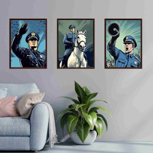 Police Tribute Poster Set – Salute, Horse Patrol & Rally Art (Set of 3) | Vintage Comic-Style Wall Decor | Digital Download 11x14"