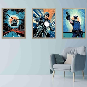 Police Comic Poster Set: Helicopter, Motorcycle, Officer (Digital Download 11x14 Set of 3 JPEGs)