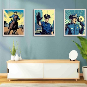 Comic-Style Police Action Art Prints: Law Enforcement Decor (Set of 3) (Digital Download 11x14&quot; )