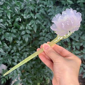 Peony Jade Hairpin, Natural Xiu Jade with Lavender Fluorite, Hand Carved, Peony Flower Hair Stick, Flower Hair Fork, Gift for Her