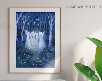 A3 print titled "The Gathering of Angels" by Amanda Clark - fairytale art print, angel wall art, woodland art print, dreamy wall print