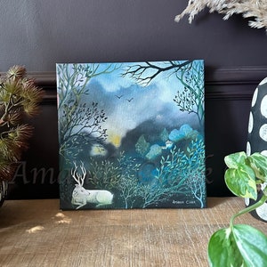 Unframed original canvas painting titled "Harvest Ridge" by Amanda Clark - stag painting, woodland artwork, fairytale canvas, landscape art