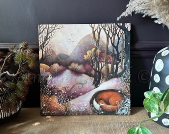 Unframed original canvas painting titled "Hazy Days" by Amanda Clark - fox painting, woodland artwork, fairytale painting, landscape artwork