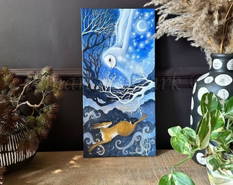 Unframed original canvas painting titled "Spirit of the Owl" by Amanda Clark - owl painting, hare artwork, fairytale painting, landscape art