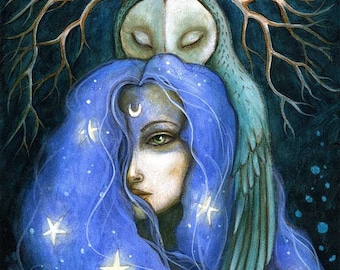 May include: A celestial painting of a woman with flowing blue hair adorned with stars and a crescent moon. She is framed by large teal wings and a stylized owl figure, with a dark, starry background.
