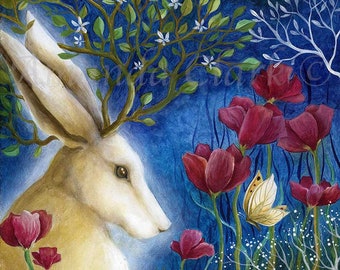 Print titled "The Golden Hare" by Amanda Clark -  fairytale art print, hare art print, floral artwork, flower wall art, woodland art print