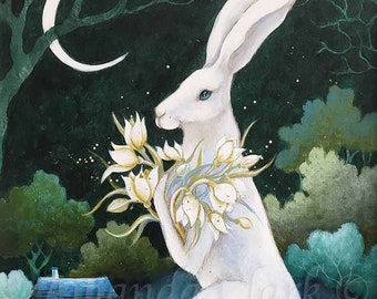 Art print titled "The Gathering of Flowers" by Amanda Clark - hare, botanical, fairy tale