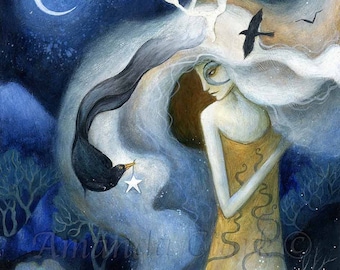 Limited edition giclee print titled "Keeper of the Twilight" by Amanda Clark - goddess art print, crow art print, fairytale wall art, dreamy