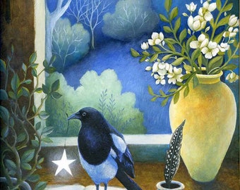 Print titled "A Star to Light your Way" by Amanda Clark - fairytale art, landscape art, magpie art print, celestial art print, whimsical art