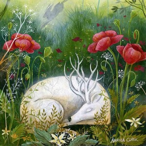 Impression d'art cerf et fleurs « Resting Place » par Amanda Clark - art botanique fait main