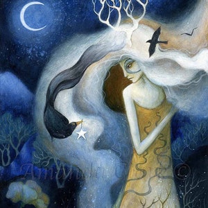 Limited edition giclee print titled &quot;Keeper of the Twilight&quot; by Amanda Clark - goddess art print, crow art print, fairytale wall art