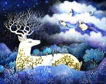 Limited edition giclee print titled "Cloud Watching" by Amanda Clark -  stag goddess wall decor print art landscape sky