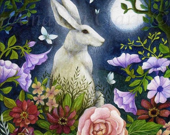 Mounted print titled "Garden of Dreams" by Amanda Clark - hare art print, fairytale artwork, landscape art, floral art, mounted art print