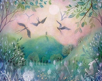 Mounted print titled "First Light" by Amanda Clark - fairytale art print, landscape art, bird art print, meadow scene, mounted art print