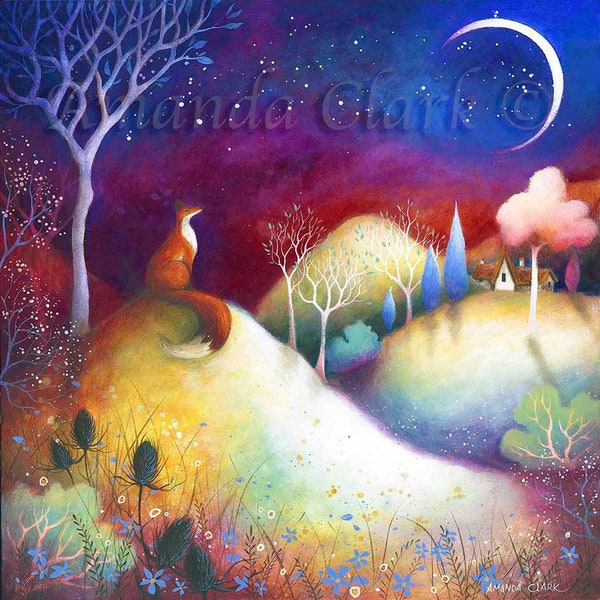 Mounted print titled "Starry Meadows" by Amanda Clark - fairytale art print, landscape art, fox art print, meadow artwork, mounted art print