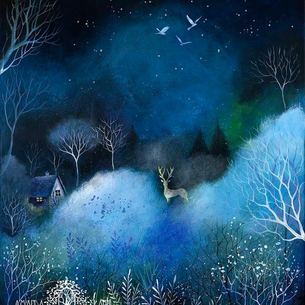 Limited edition giclee print titled "Into the Mist" by Amanda Clark - landscape, stag, fairy tale