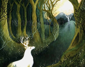 SALE! Limited edition giclee print titled "Woodland Path" by Amanda Clark - stag art print, fairytale art print, landscape artwork