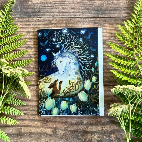 Carte de voeux intitulée « The Messenger » par Amanda Clark - carte de conte de fées, carte d'art fantaisiste, carte de voeux écologique, carte d'art cheval